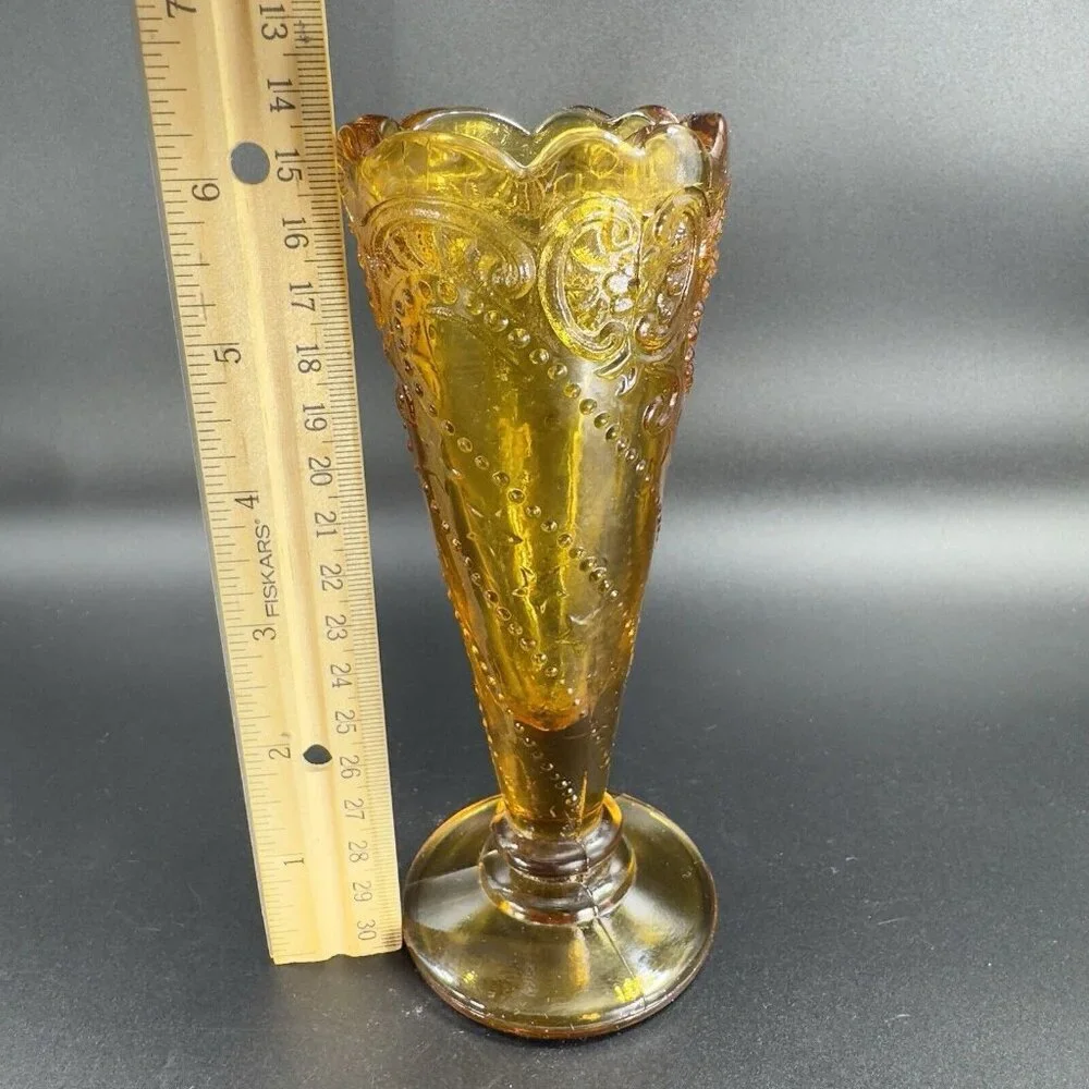 Vintage Mid Century Amber Glass Bud Vase Beaded Wavy Edges Glass‎ Vase VTG Decor